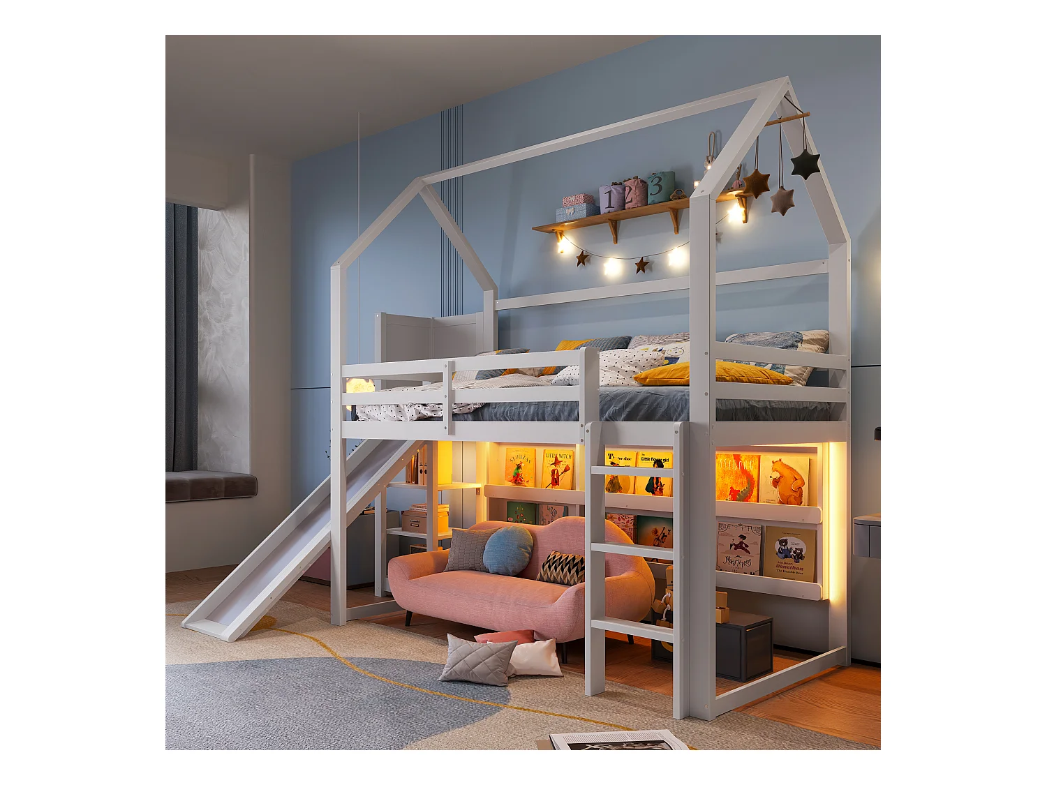 Lit mezzanine 90x200 cm avec LED, forme maison, étagères, clôture, sans matelas, Blanc
