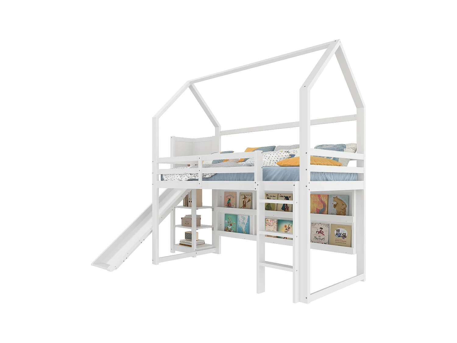 Lit mezzanine 90x200 cm avec LED, forme maison, étagères, clôture, sans matelas, Blanc