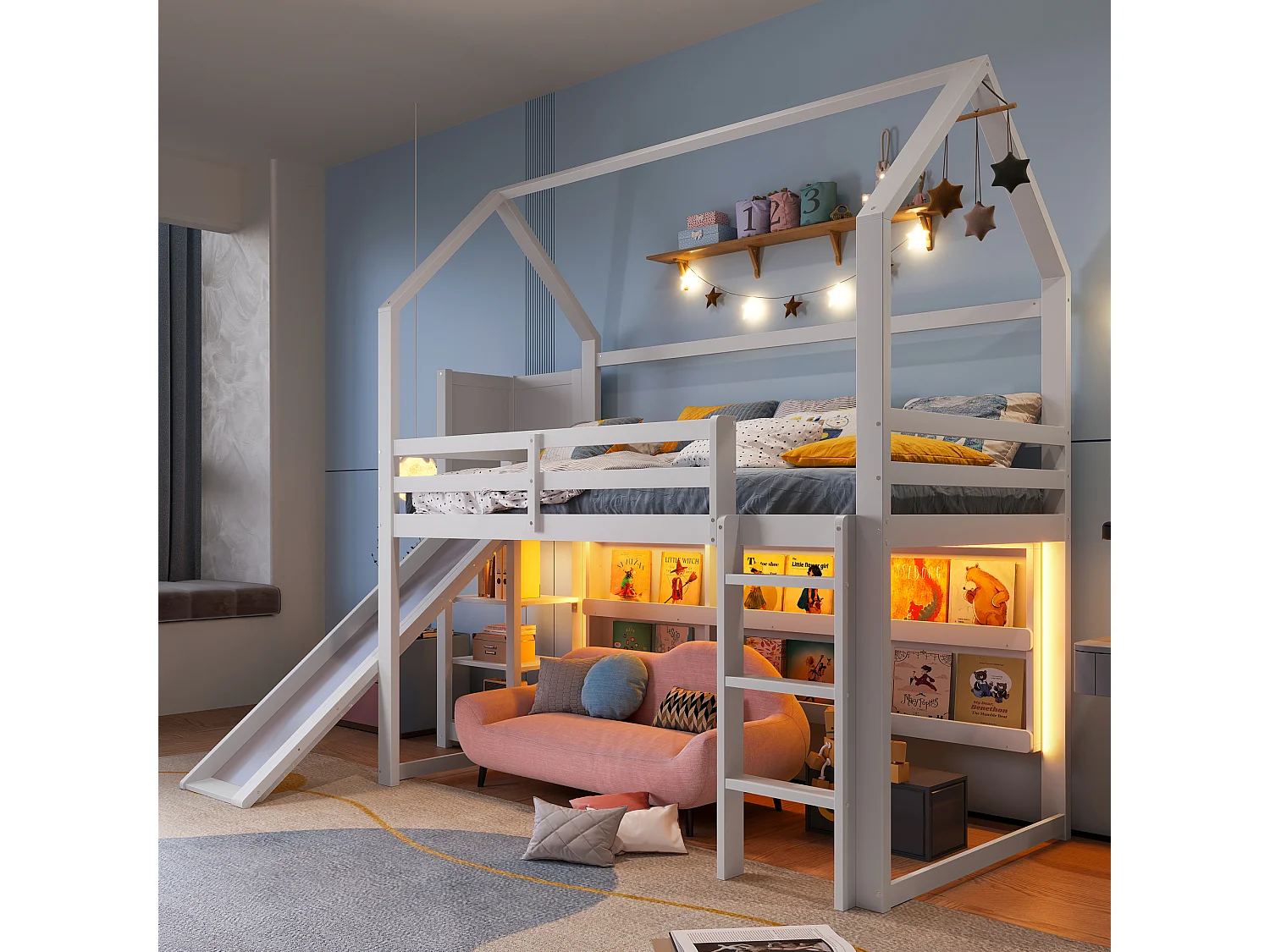 Lit mezzanine 90x200 cm avec LED, forme maison, étagères, clôture, sans matelas, Blanc
