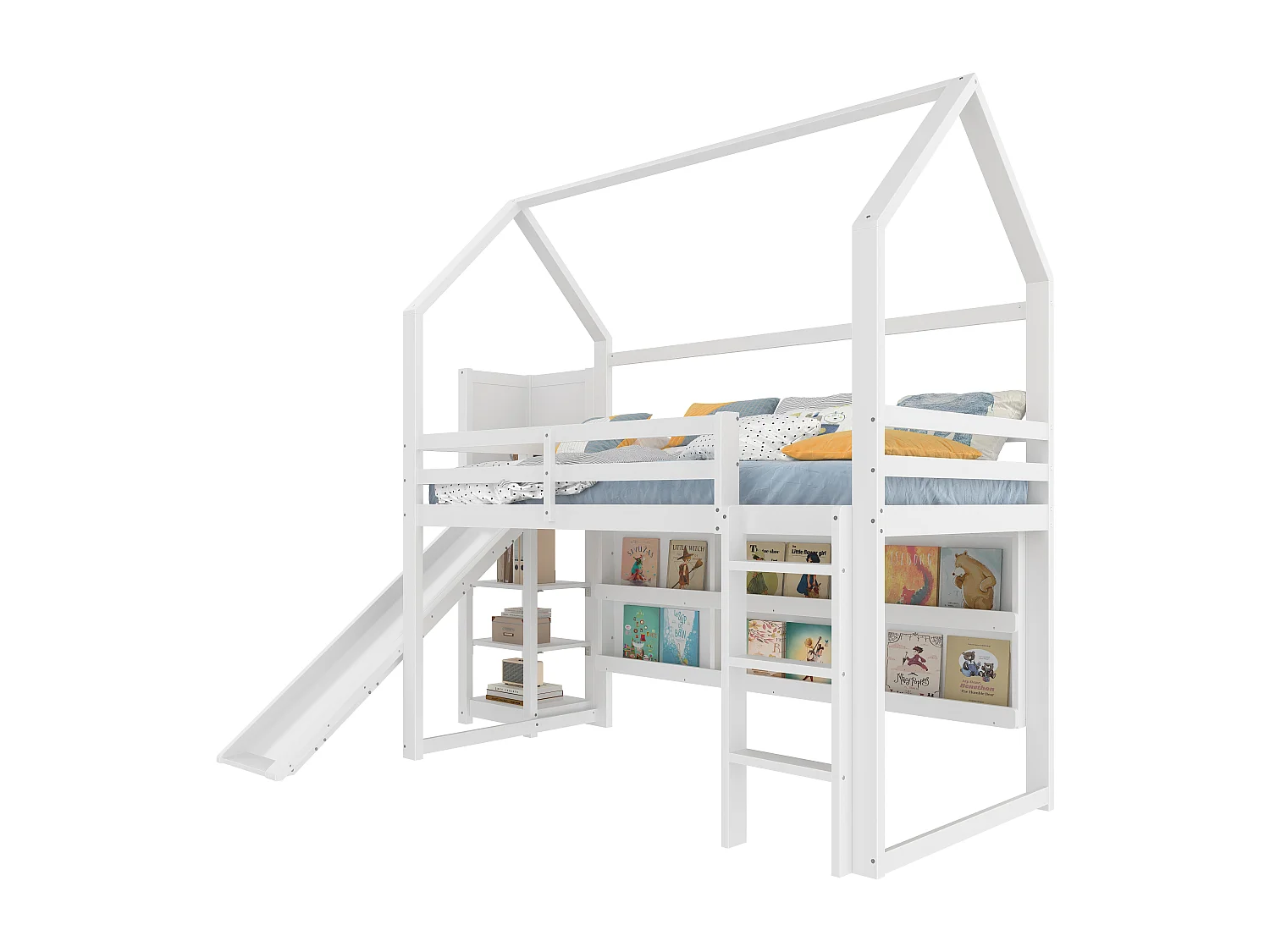 Lit mezzanine 90x200 cm avec LED, forme maison, étagères, clôture, sans matelas, Blanc
