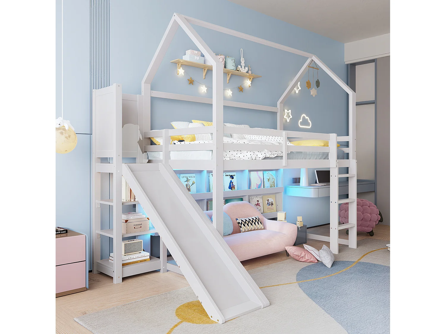 Lit mezzanine 90x200 cm avec LED, forme maison, étagères, clôture, sans matelas, Blanc