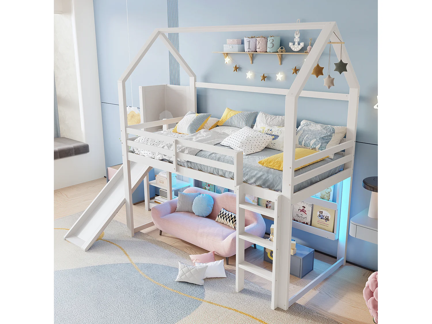 Lit mezzanine 90x200 cm avec LED, forme maison, étagères, clôture, sans matelas, Blanc