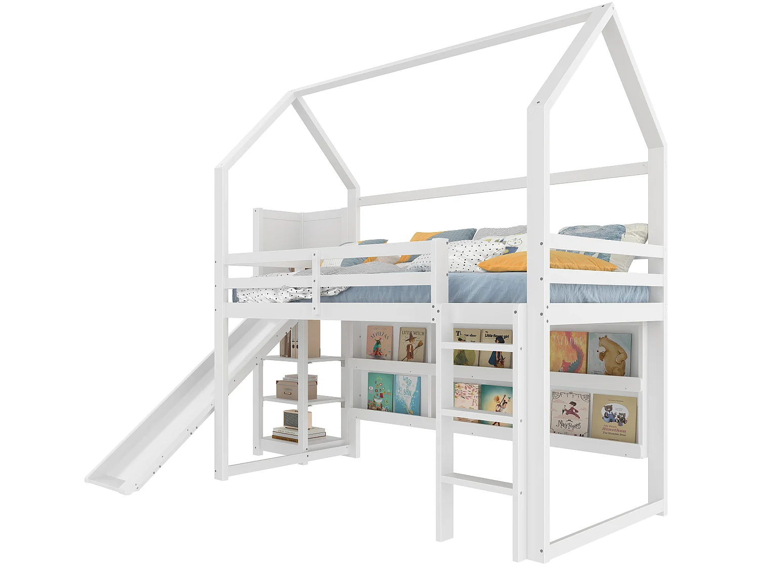 Lit mezzanine 90x200 cm avec LED, forme maison, étagères, clôture, sans matelas, Blanc