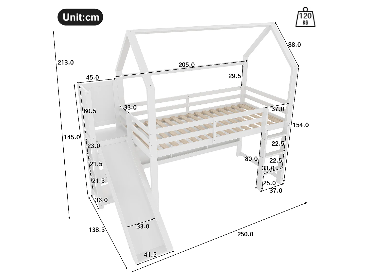 Lit mezzanine 90x200 cm avec LED, forme maison, étagères, clôture, sans matelas, Blanc