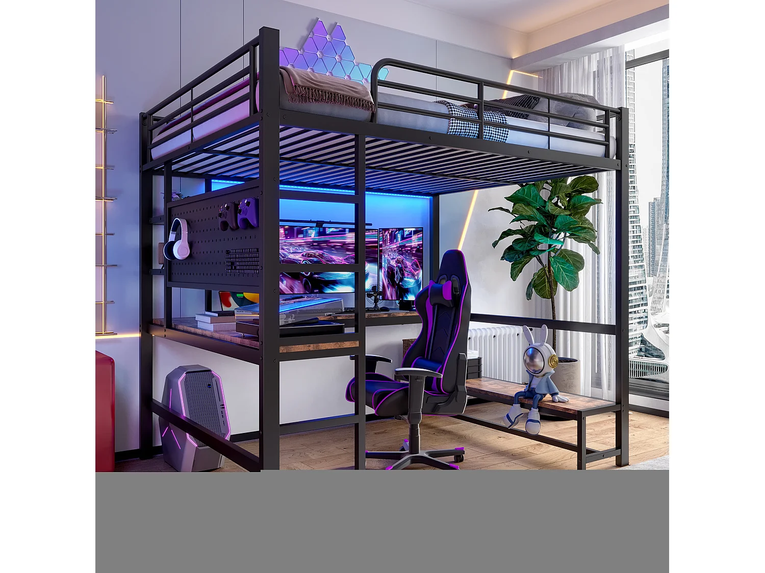 Lit mezzanine 140x200 cm, cadre en métal avec bureau, échelle, étagères, prise USB + Type-C, LED, sans matelas, Noir