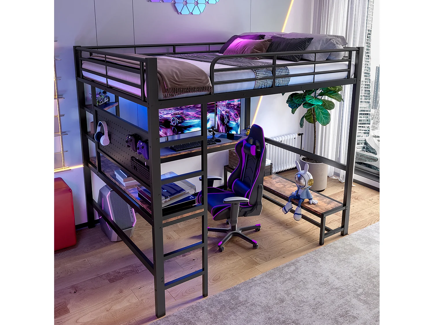 Lit mezzanine 140x200 cm, cadre en métal avec bureau, échelle, étagères, prise USB + Type-C, LED, sans matelas, Noir