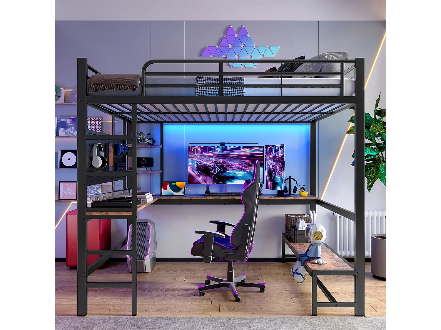 Lit mezzanine 140x200 cm, cadre en métal avec bureau, échelle, étagères, prise USB + Type-C, LED, sans matelas, Noir