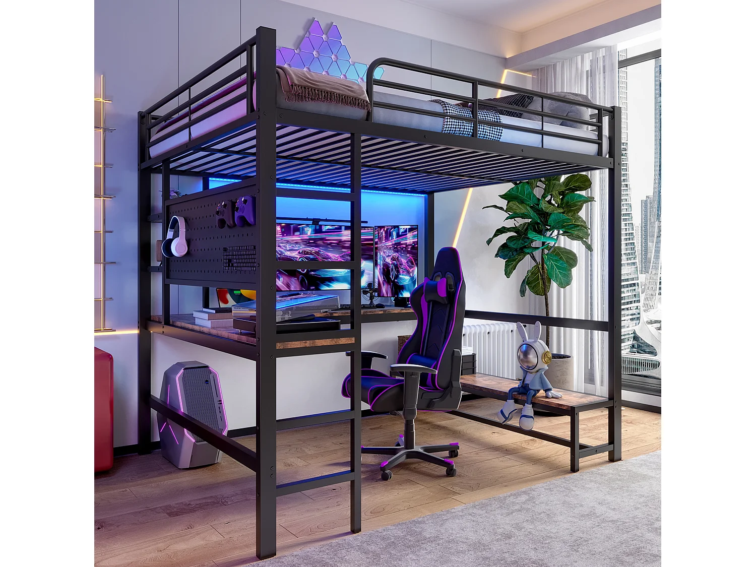 Lit mezzanine 140x200 cm, cadre en métal avec bureau, échelle, étagères, prise USB + Type-C, LED, sans matelas, Noir