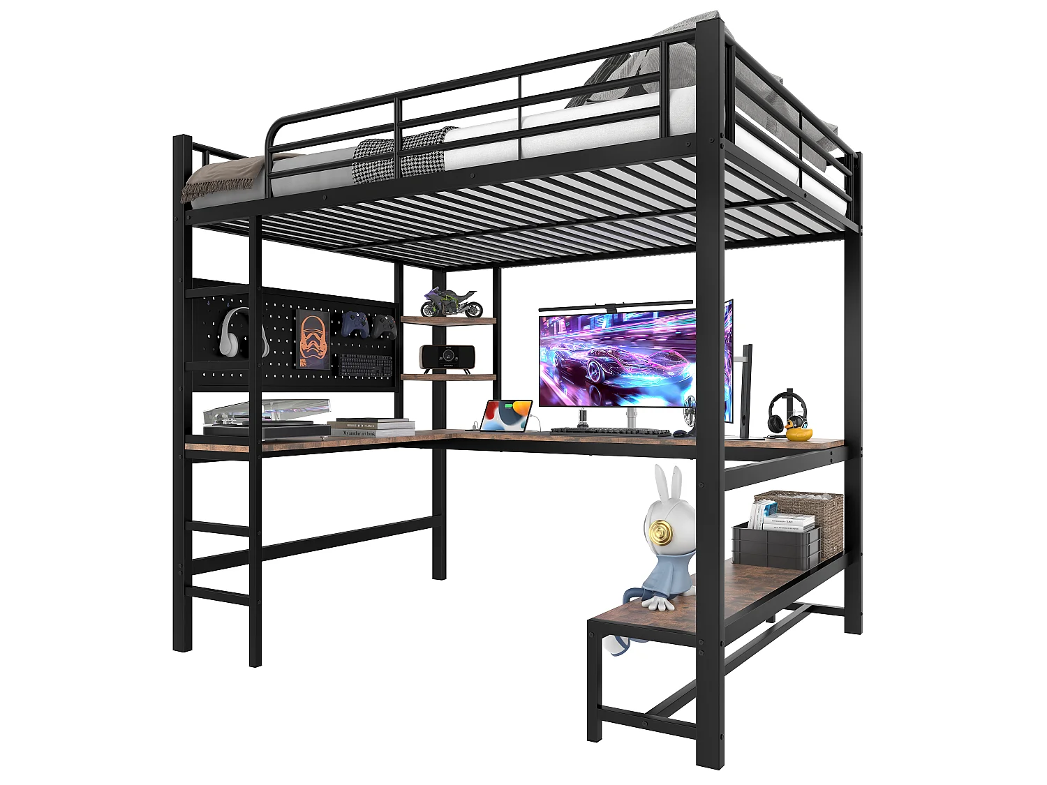 Lit mezzanine 140x200 cm, cadre en métal avec bureau, échelle, étagères, prise USB + Type-C, LED, sans matelas, Noir