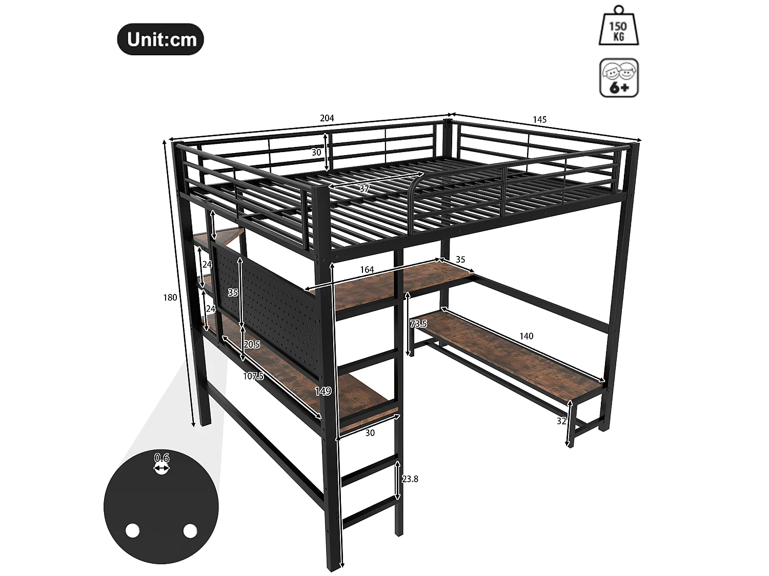 Lit mezzanine 140x200 cm, cadre en métal avec bureau, échelle, étagères, prise USB + Type-C, LED, sans matelas, Noir