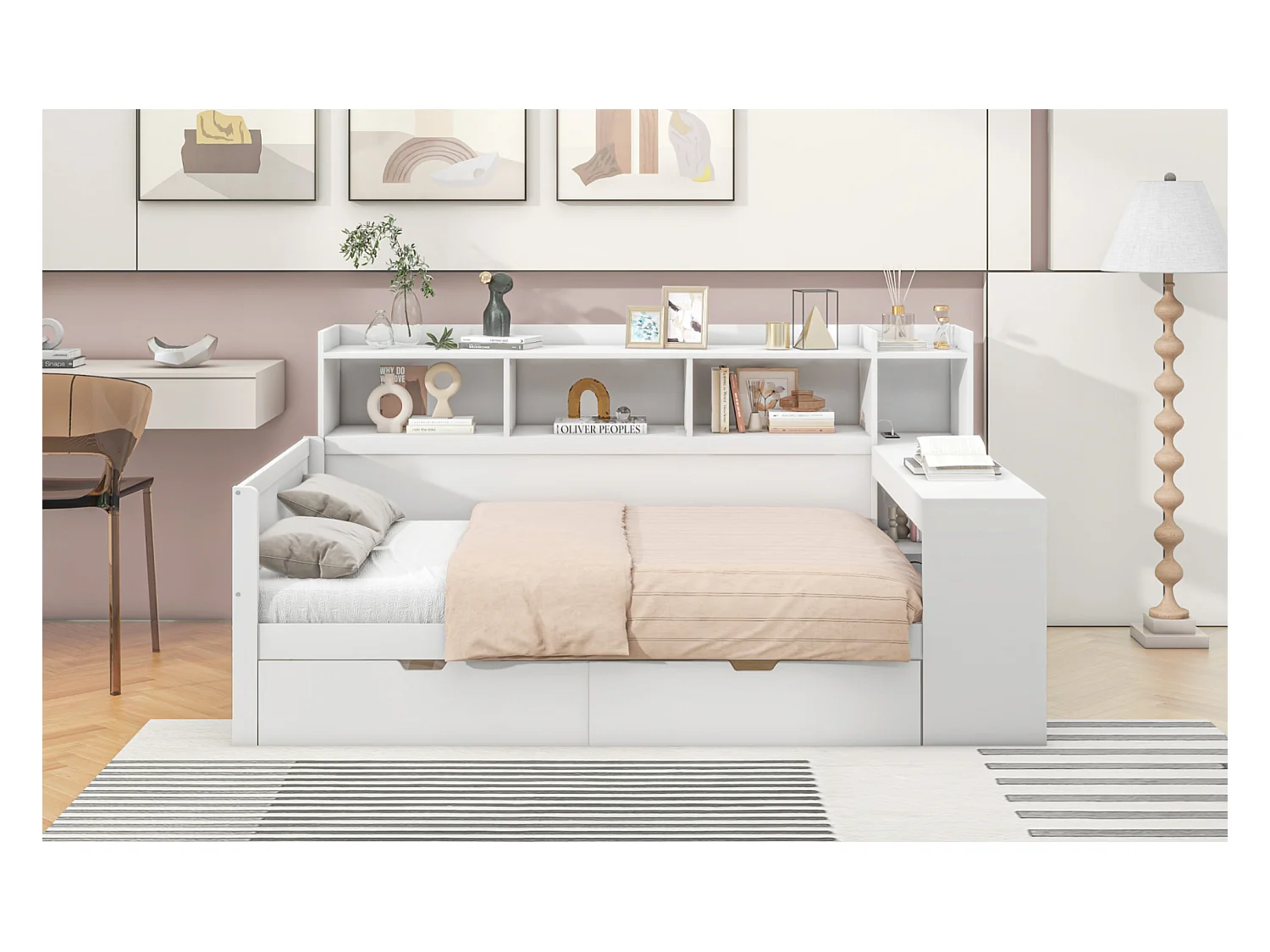 Lit banquette 90x200 cm blanc, avec bureau, 2 tiroirs, prise et port USB, table de chevet intégrée, sans matelas