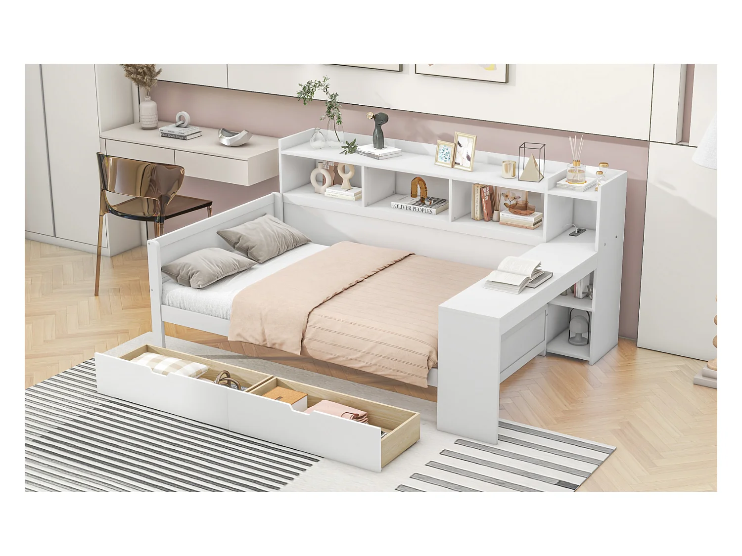 Lit banquette 90x200 cm blanc, avec bureau, 2 tiroirs, prise et port USB, table de chevet intégrée, sans matelas