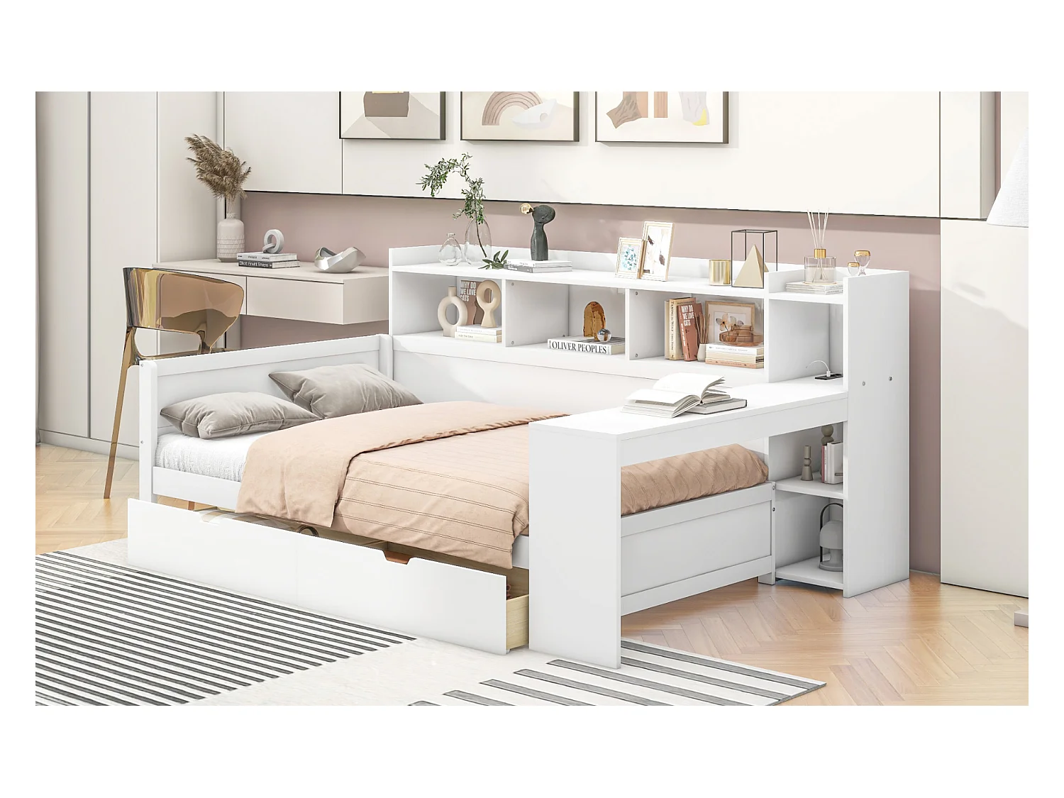 Lit banquette 90x200 cm blanc, avec bureau, 2 tiroirs, prise et port USB, table de chevet intégrée, sans matelas