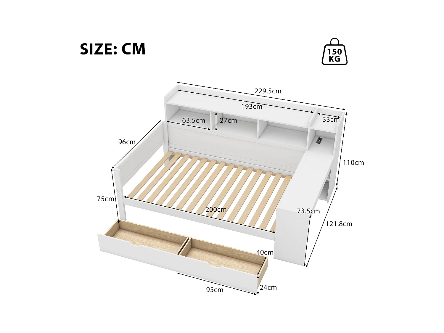 Lit banquette 90x200 cm blanc, avec bureau, 2 tiroirs, prise et port USB, table de chevet intégrée, sans matelas