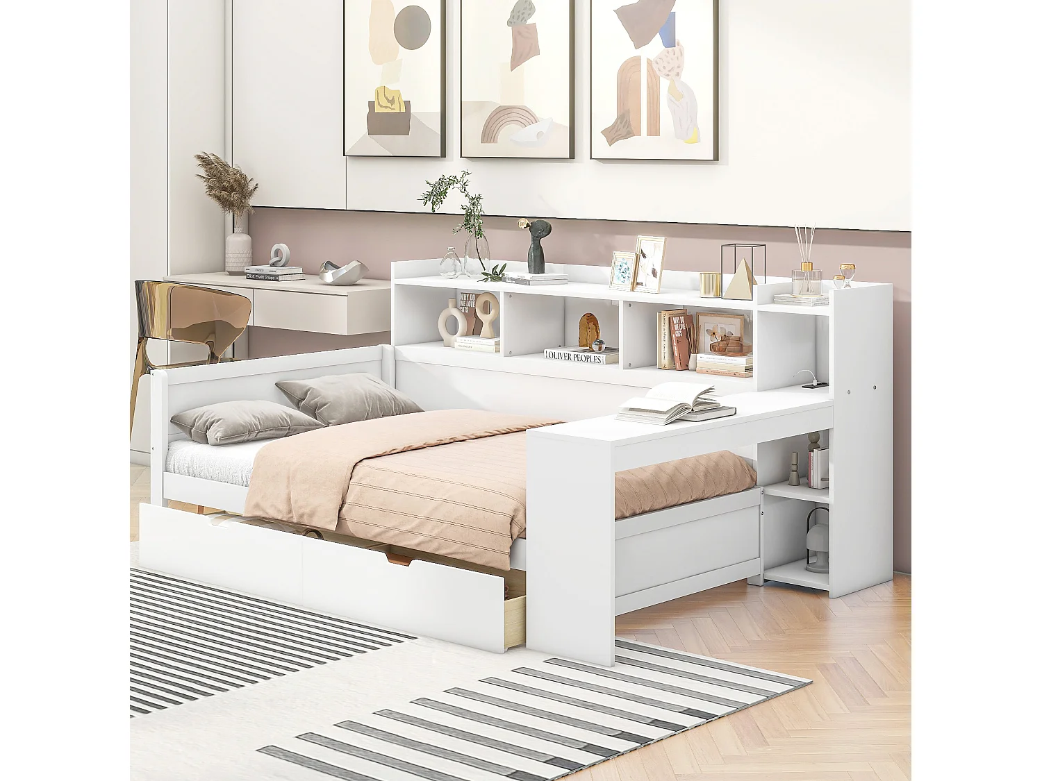 Lit banquette 90x200 cm blanc, avec bureau, 2 tiroirs, prise et port USB, table de chevet intégrée, sans matelas