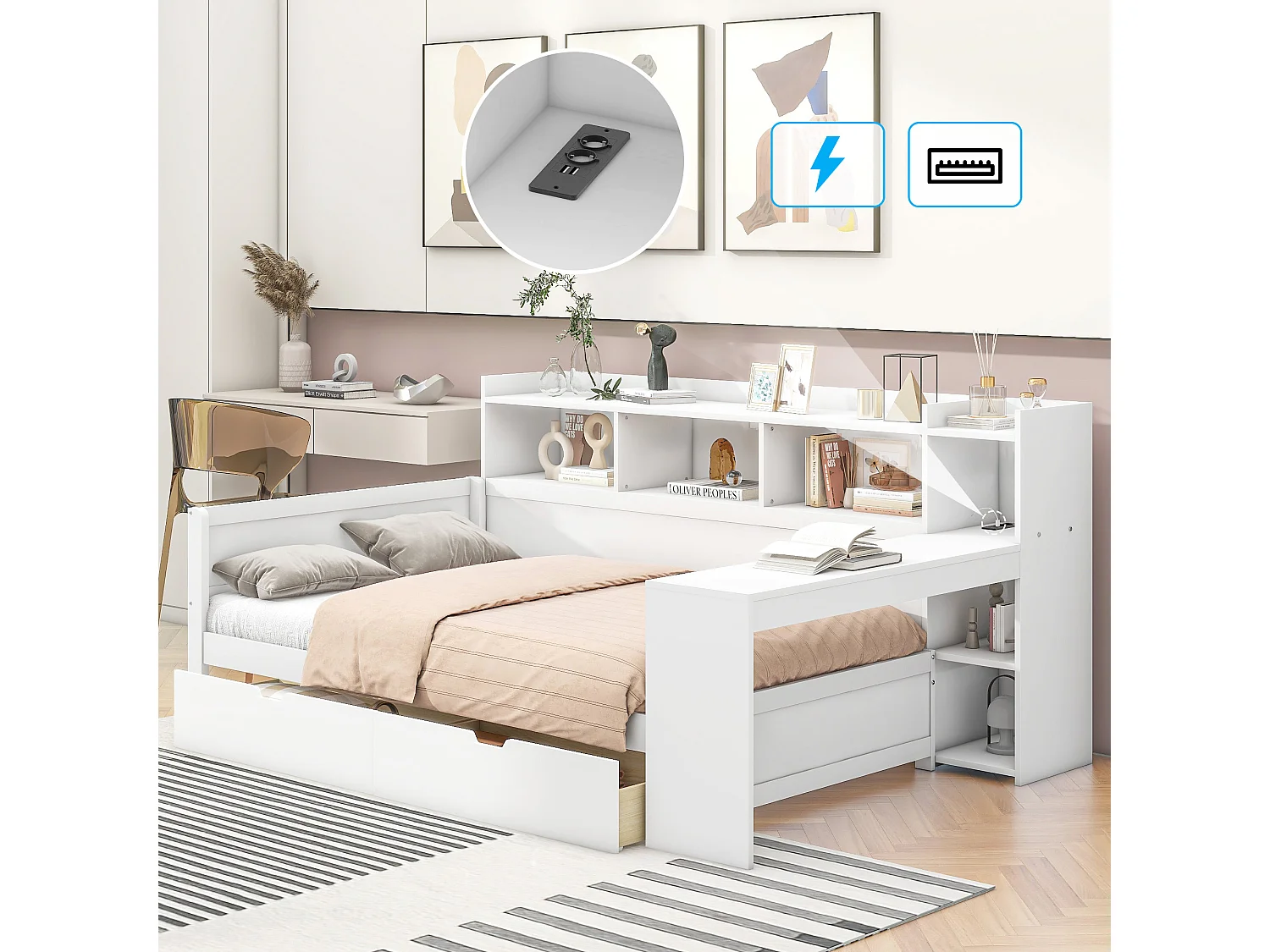 Lit banquette 90x200 cm blanc, avec bureau, 2 tiroirs, prise et port USB, table de chevet intégrée, sans matelas