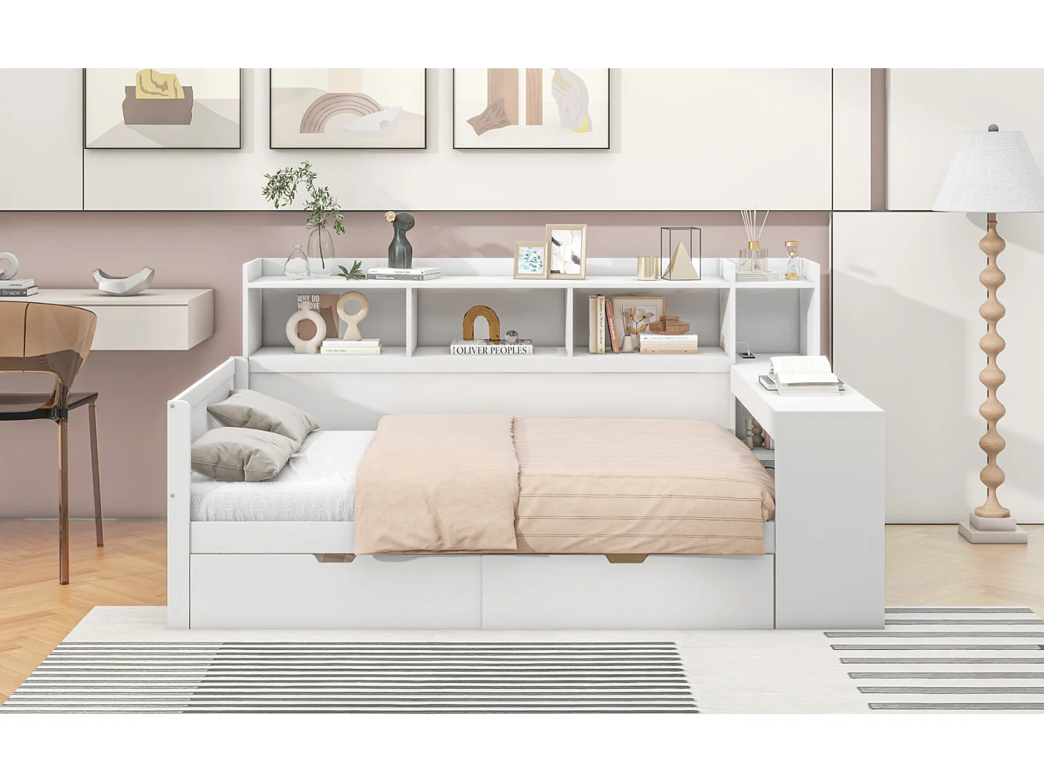 Lit banquette 90x200 cm blanc, avec bureau, 2 tiroirs, prise et port USB, table de chevet intégrée, sans matelas