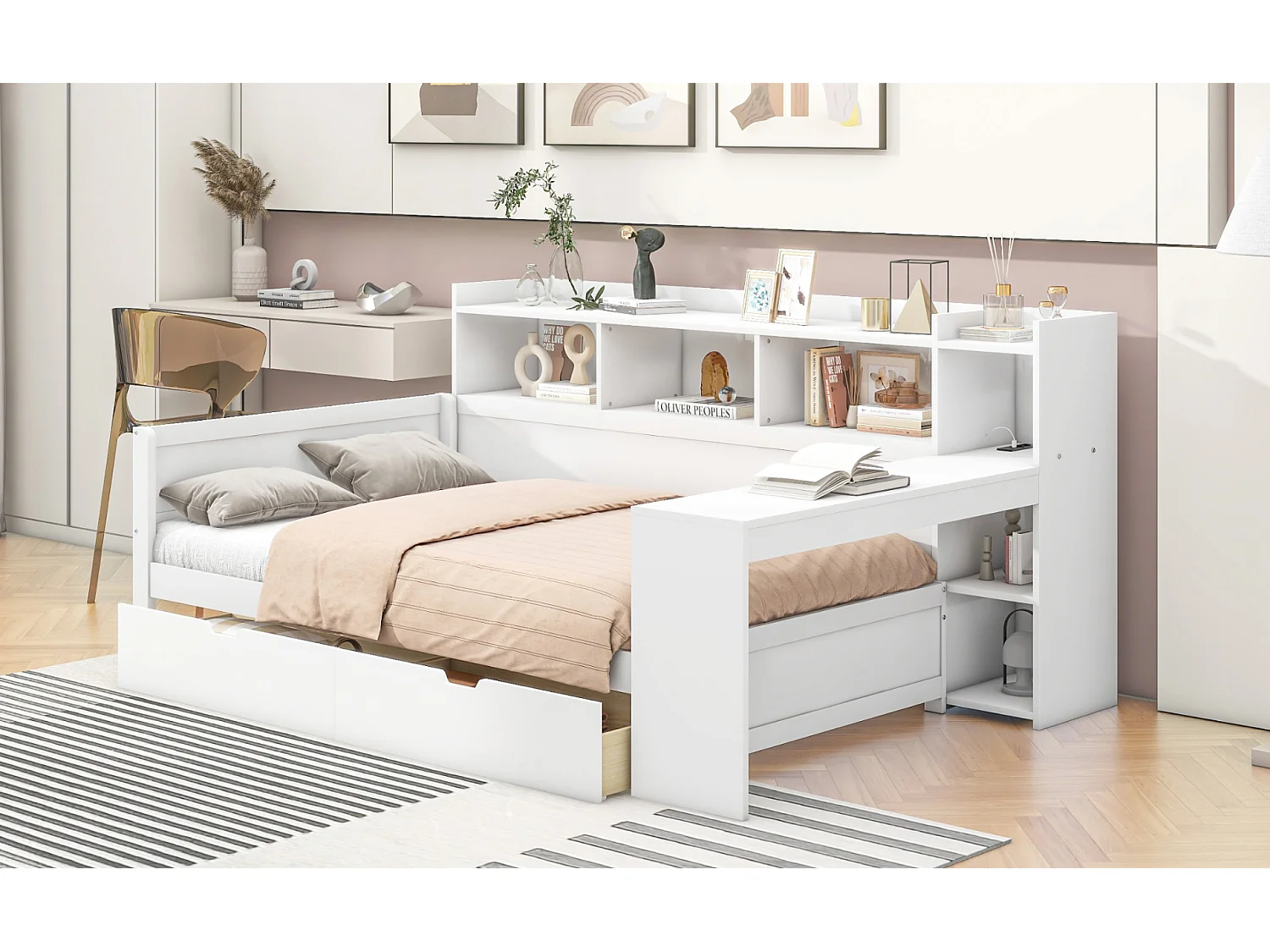 Lit banquette 90x200 cm blanc, avec bureau, 2 tiroirs, prise et port USB, table de chevet intégrée, sans matelas