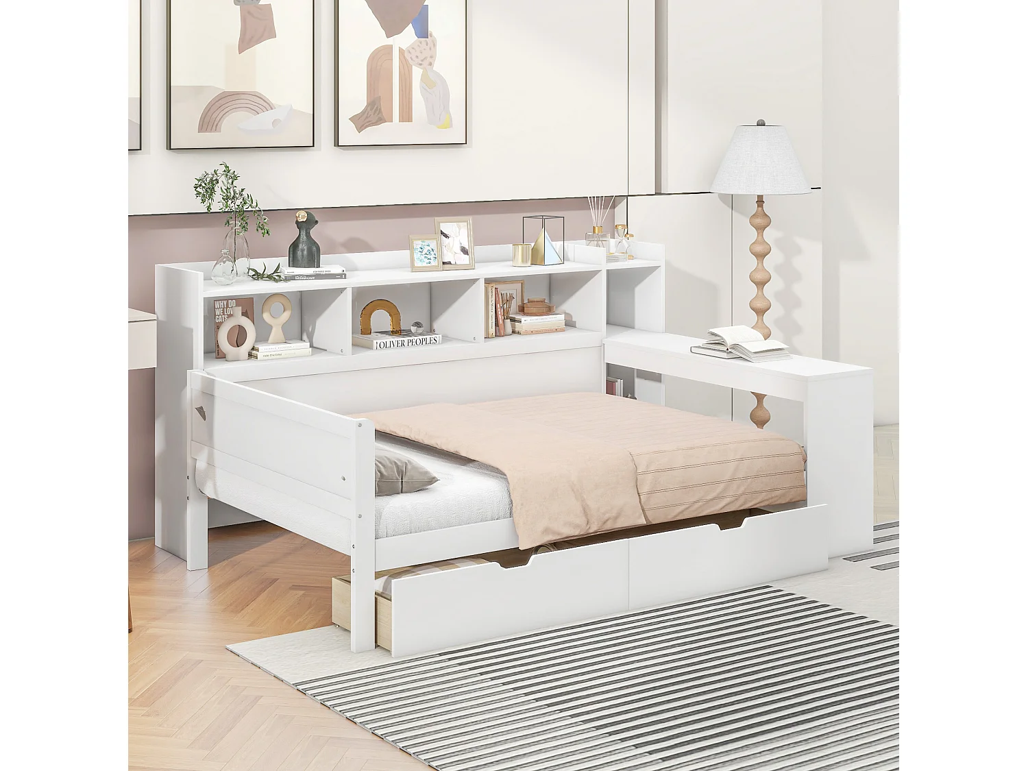 Lit banquette 90x200 cm blanc, avec bureau, 2 tiroirs, prise et port USB, table de chevet intégrée, sans matelas