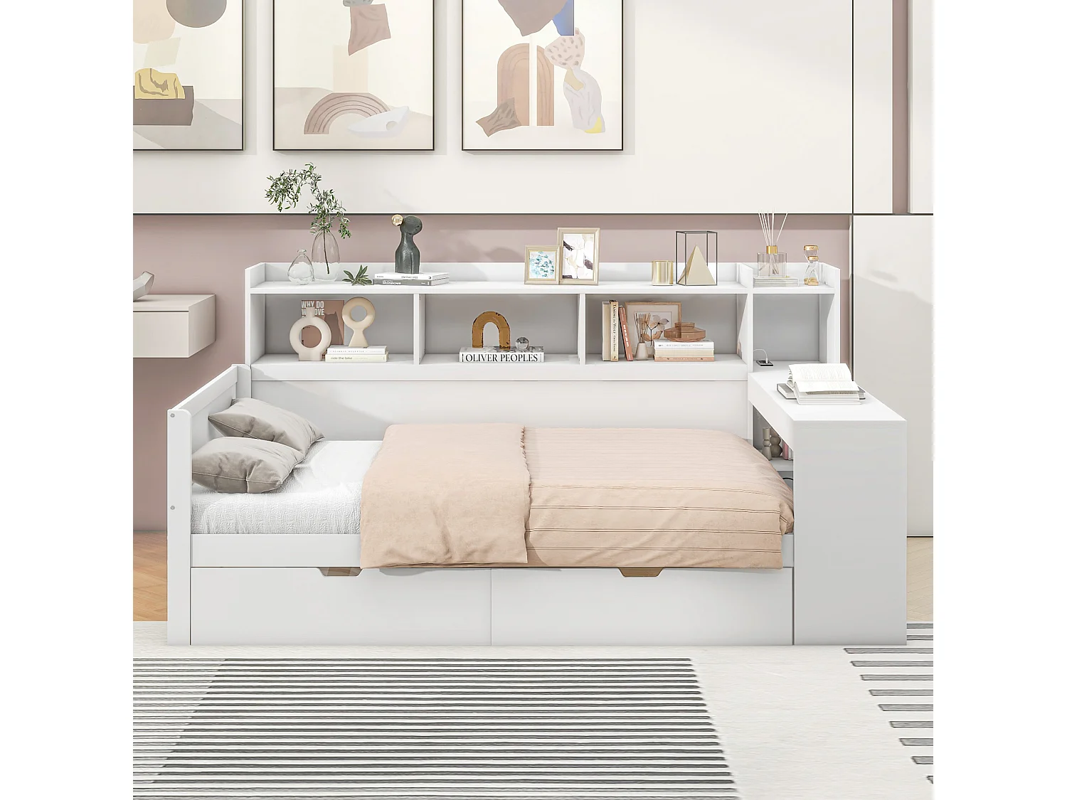 Lit banquette 90x200 cm blanc, avec bureau, 2 tiroirs, prise et port USB, table de chevet intégrée, sans matelas