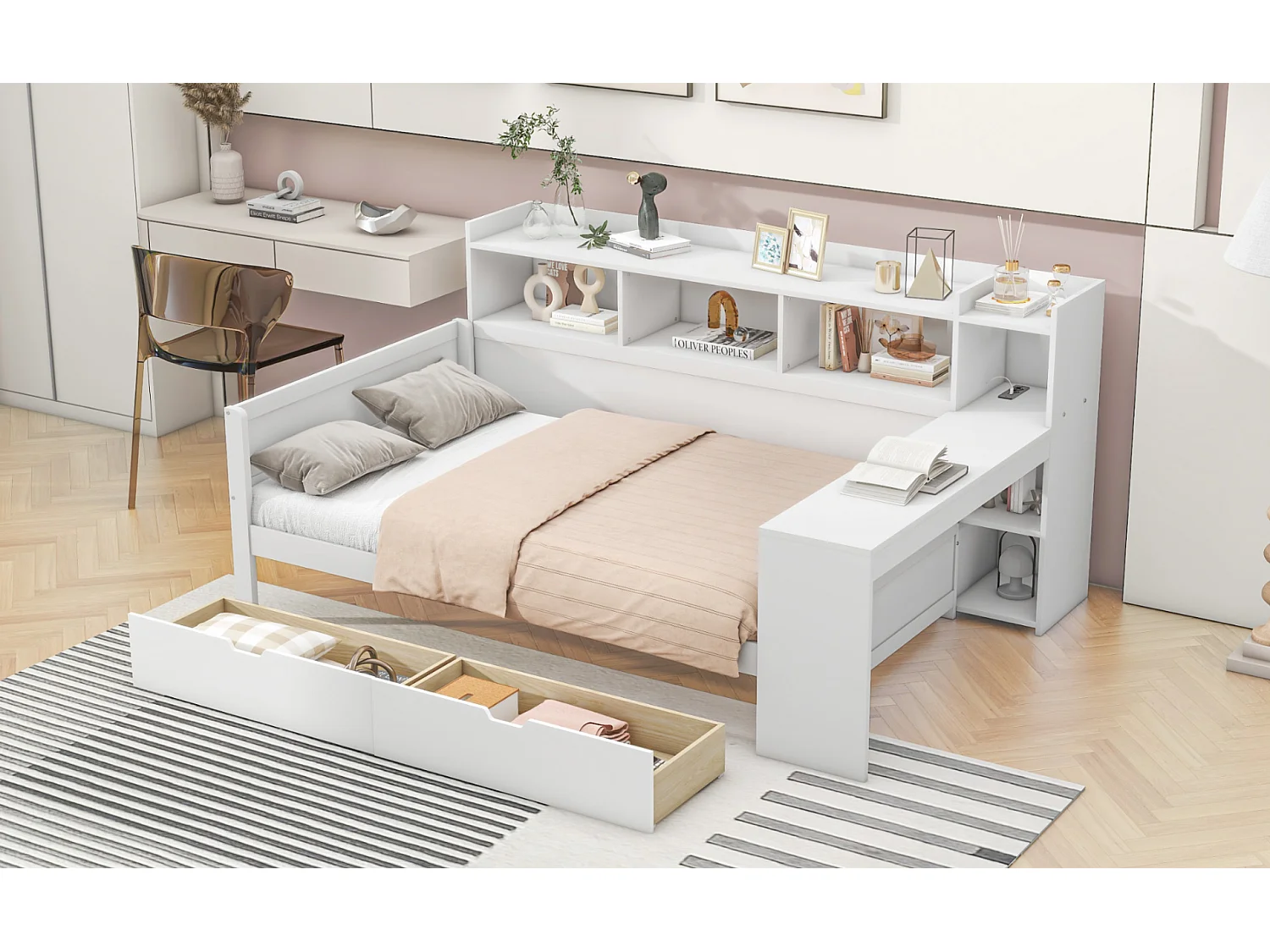 Lit banquette 90x200 cm blanc, avec bureau, 2 tiroirs, prise et port USB, table de chevet intégrée, sans matelas