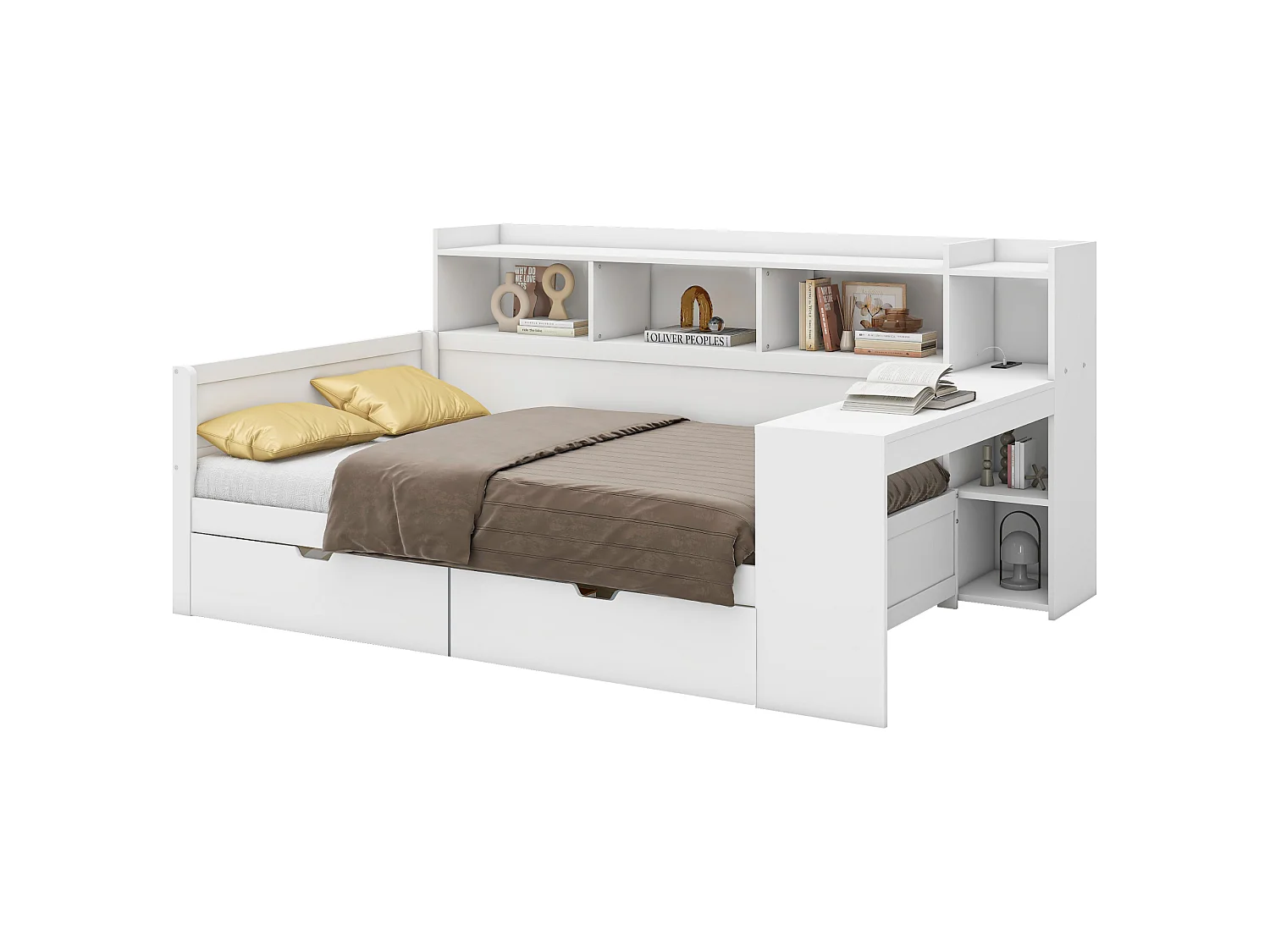 Lit banquette 90x200 cm blanc, avec bureau, 2 tiroirs, prise et port USB, table de chevet intégrée, sans matelas