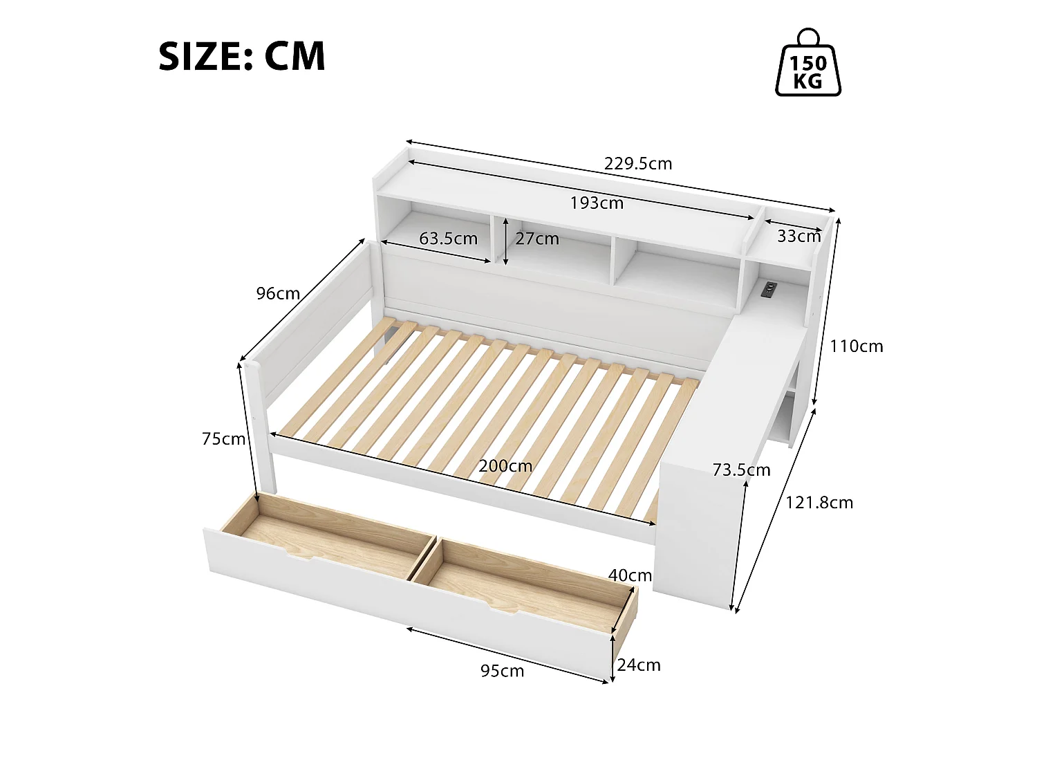 Lit banquette 90x200 cm blanc, avec bureau, 2 tiroirs, prise et port USB, table de chevet intégrée, sans matelas
