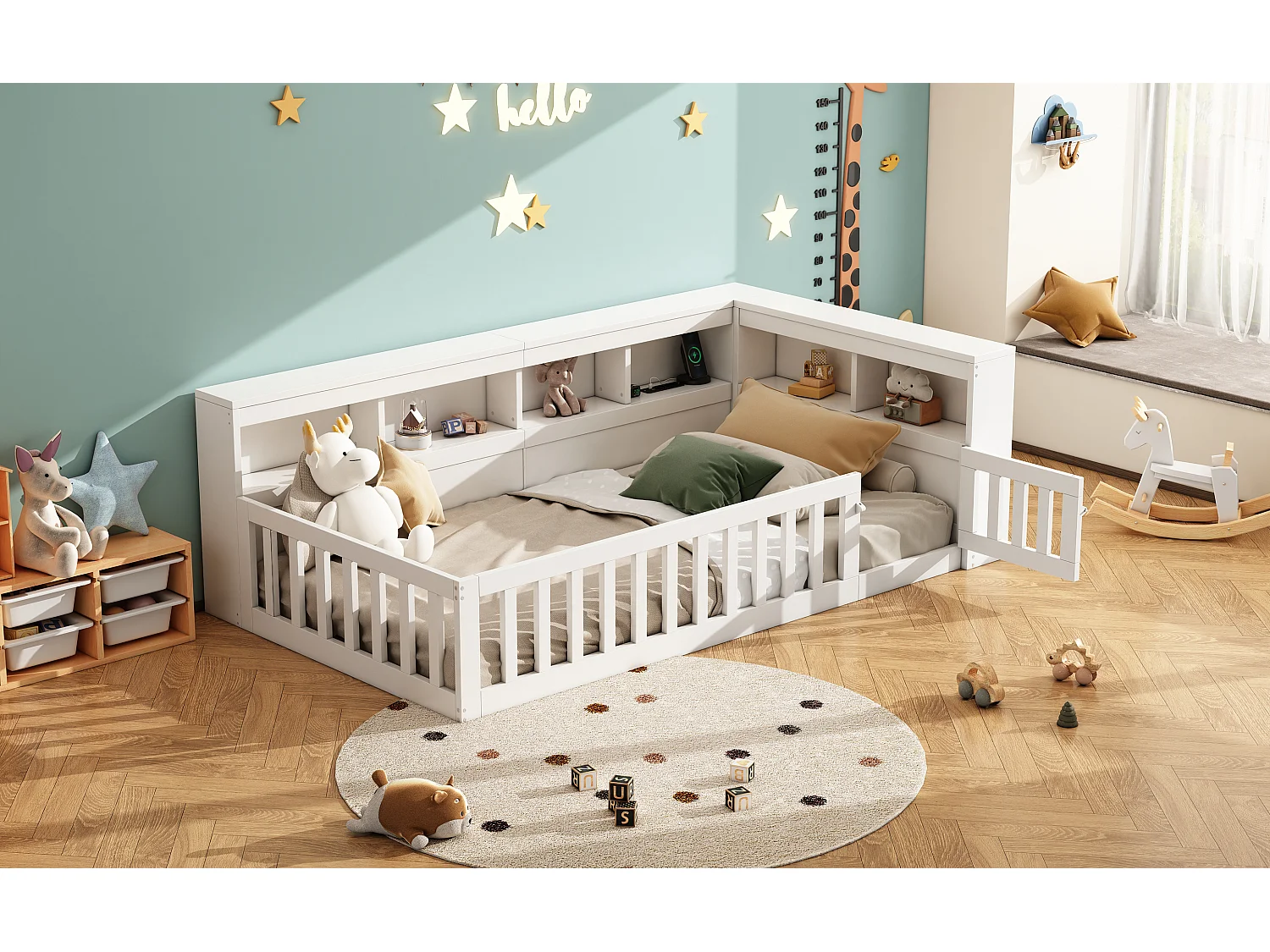 Daybed 90x200 cm, canapé-lit avec rangement latéral, sommier (sans matelas), rambarde, panneau de particules, prise + USB, Blanc