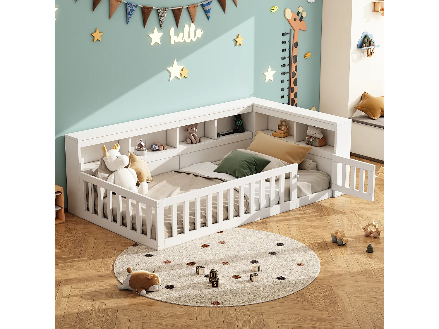 Daybed 90x200 cm, canapé-lit avec rangement latéral, sommier (sans matelas), rambarde, panneau de particules, prise + USB, Blanc