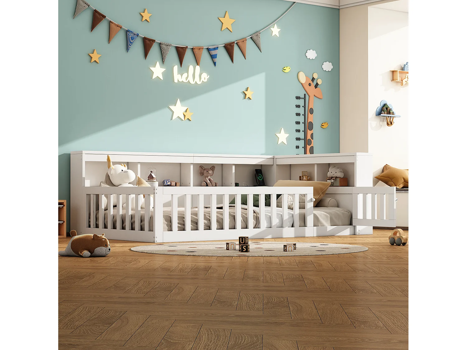Daybed 90x200 cm, canapé-lit avec rangement latéral, sommier (sans matelas), rambarde, panneau de particules, prise + USB, Blanc