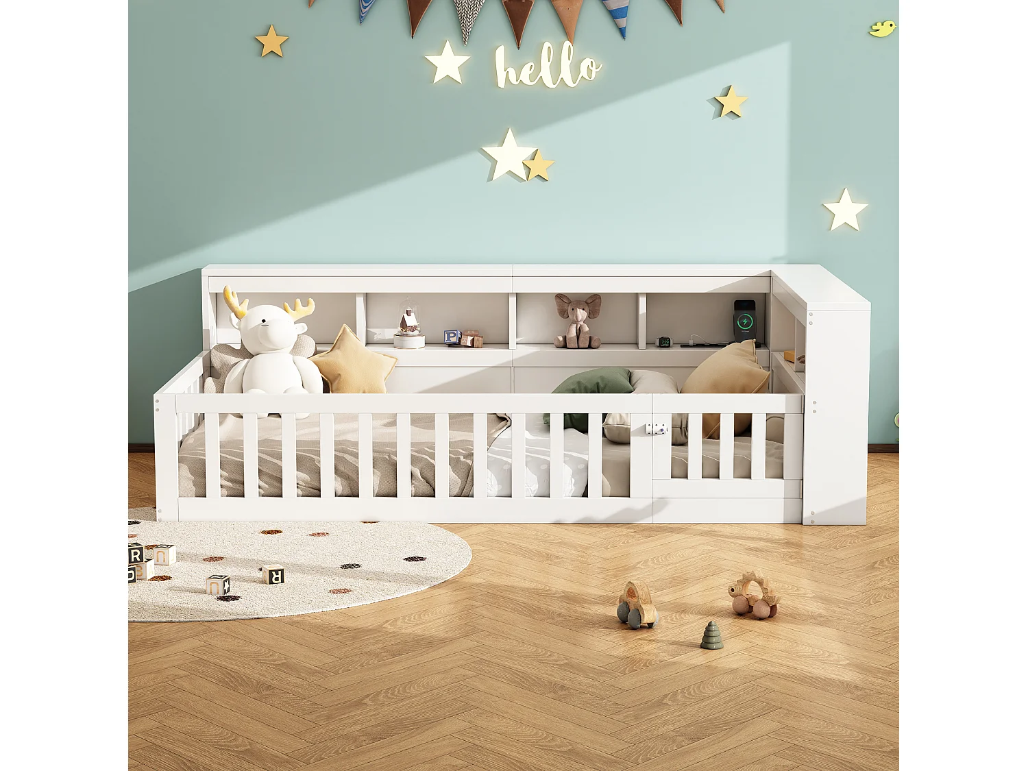 Daybed 90x200 cm, canapé-lit avec rangement latéral, sommier (sans matelas), rambarde, panneau de particules, prise + USB, Blanc