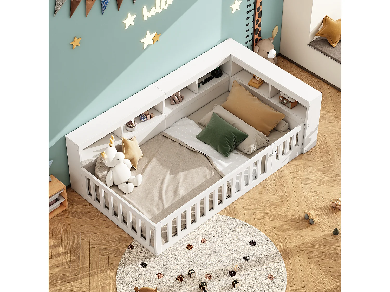 Daybed 90x200 cm, canapé-lit avec rangement latéral, sommier (sans matelas), rambarde, panneau de particules, prise + USB, Blanc
