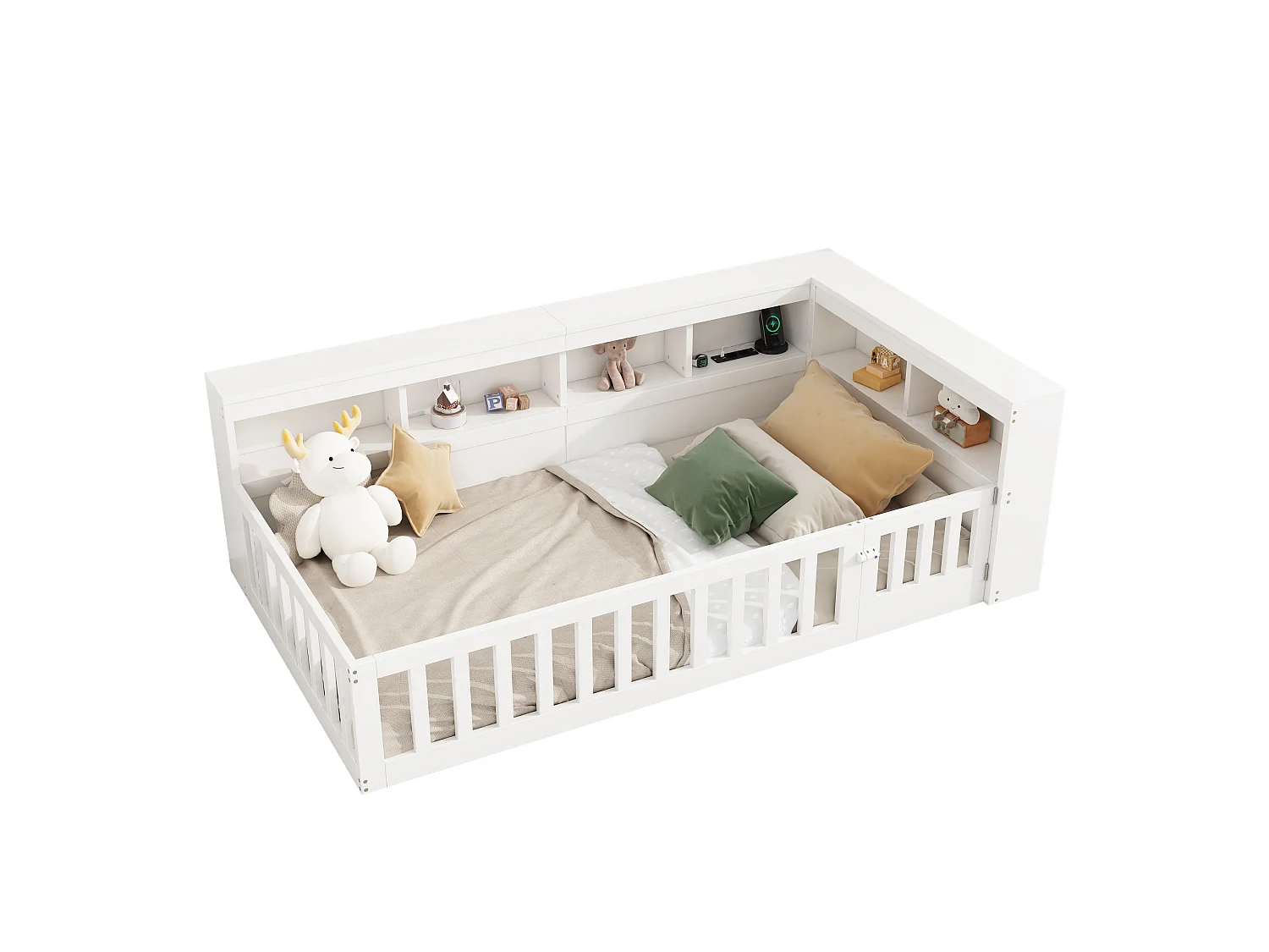 Daybed 90x200 cm, canapé-lit avec rangement latéral, sommier (sans matelas), rambarde, panneau de particules, prise + USB, Blanc