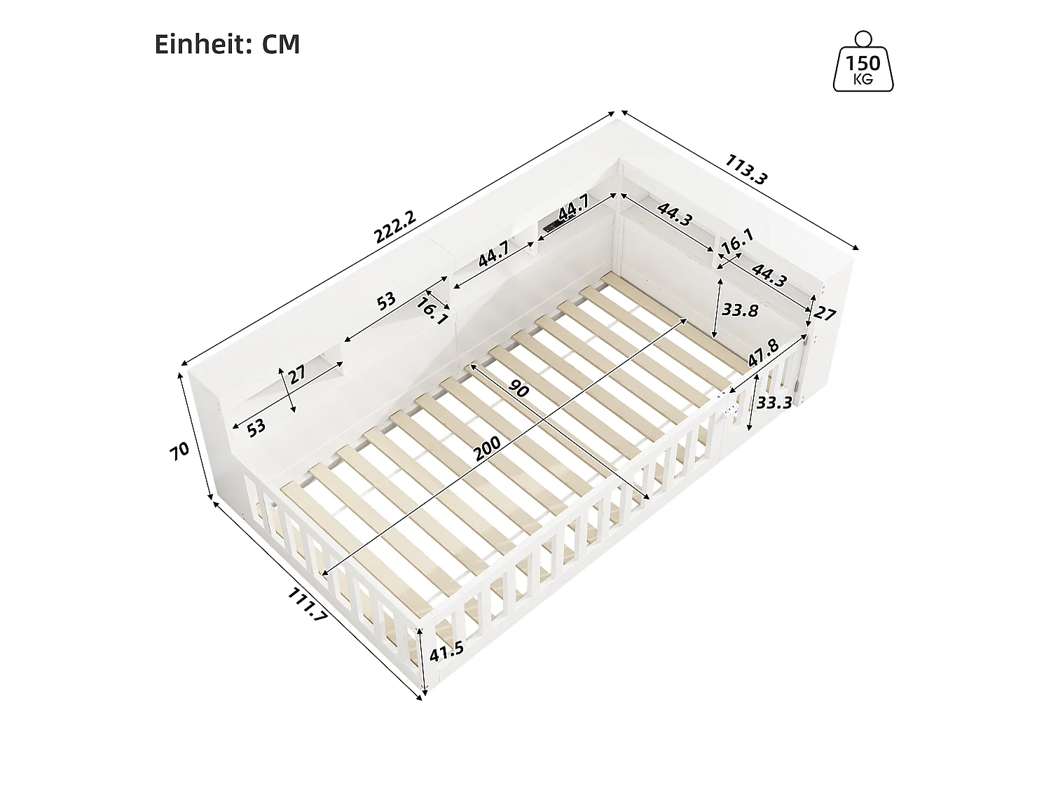 Daybed 90x200 cm, canapé-lit avec rangement latéral, sommier (sans matelas), rambarde, panneau de particules, prise + USB, Blanc