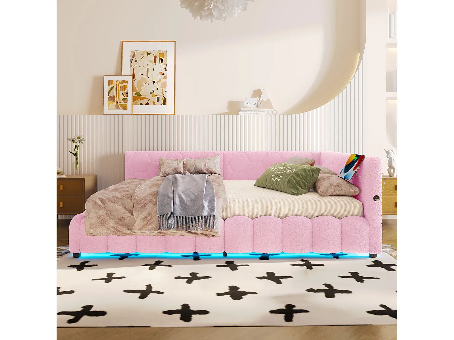 Canapé-lit 140x200 cm avec sommier, bande LED, levage hydraulique, ports USB et Type-C, tissu doux, rose