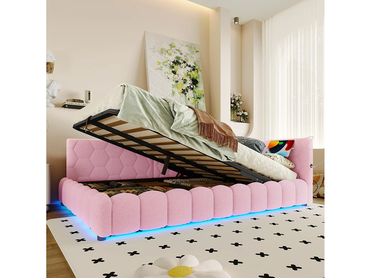 Canapé-lit 140x200 cm avec sommier, bande LED, levage hydraulique, ports USB et Type-C, tissu doux, rose