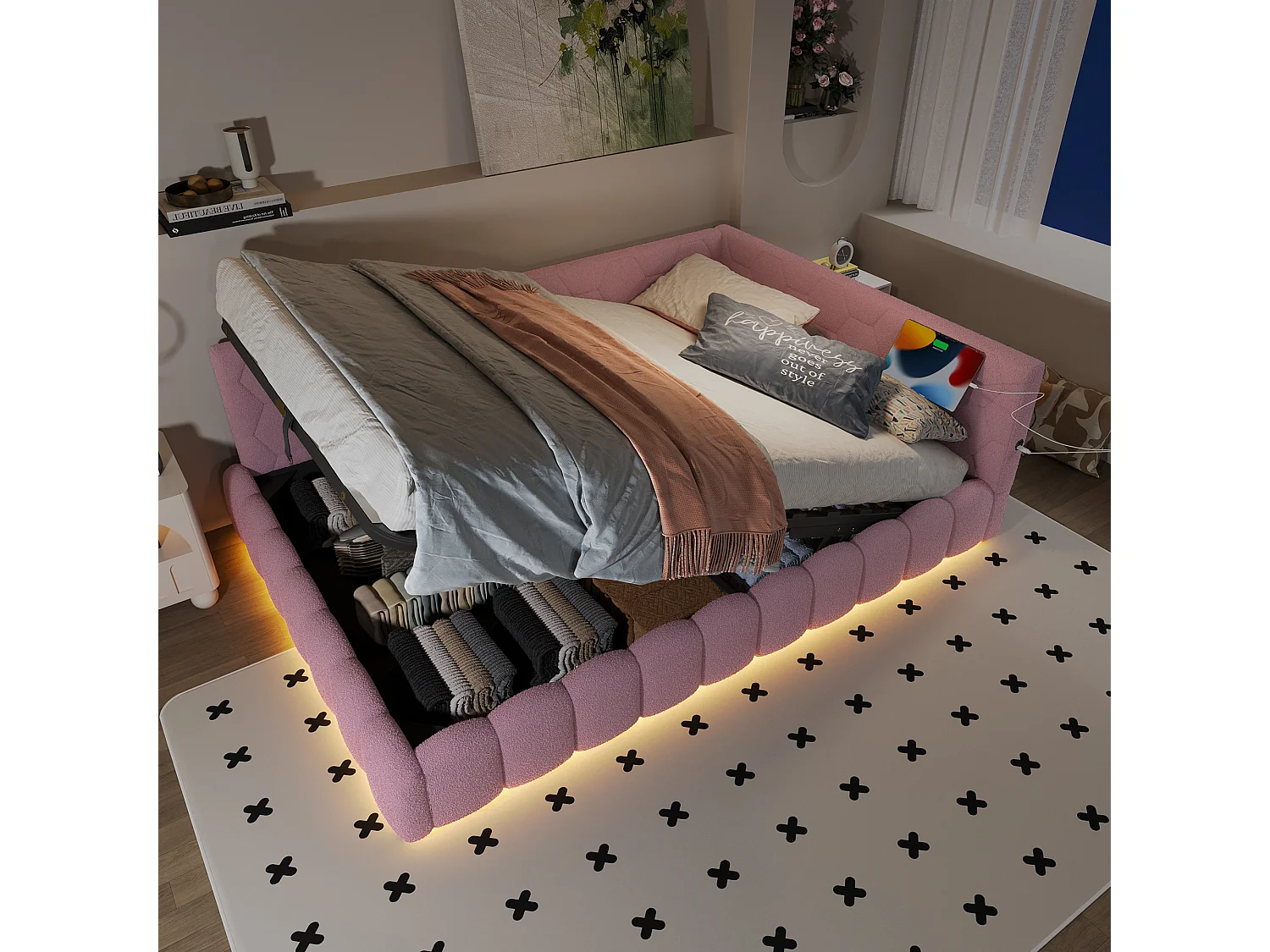 Canapé-lit 140x200 cm avec sommier, bande LED, levage hydraulique, ports USB et Type-C, tissu doux, rose