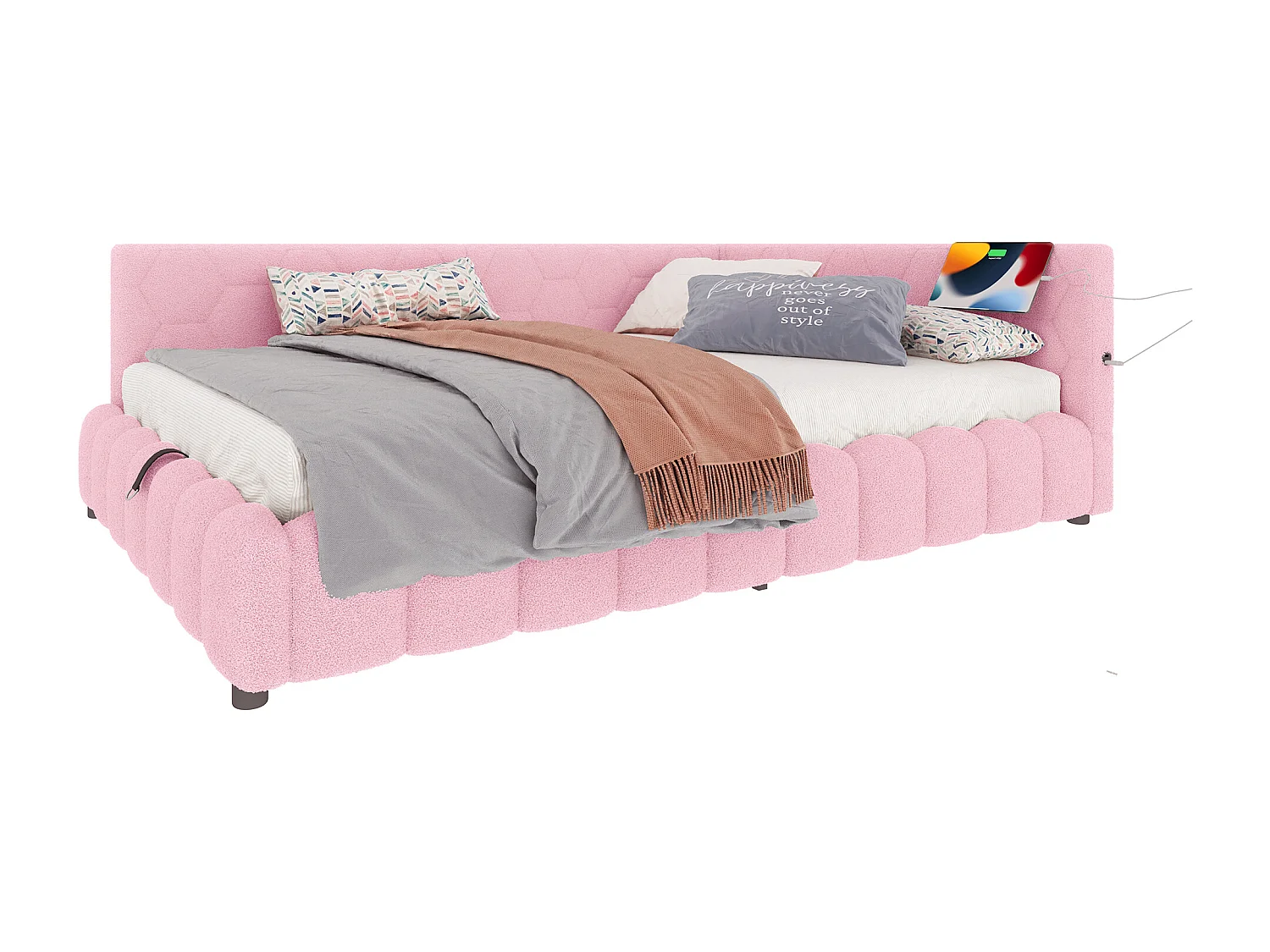 Canapé-lit 140x200 cm avec sommier, bande LED, levage hydraulique, ports USB et Type-C, tissu doux, rose