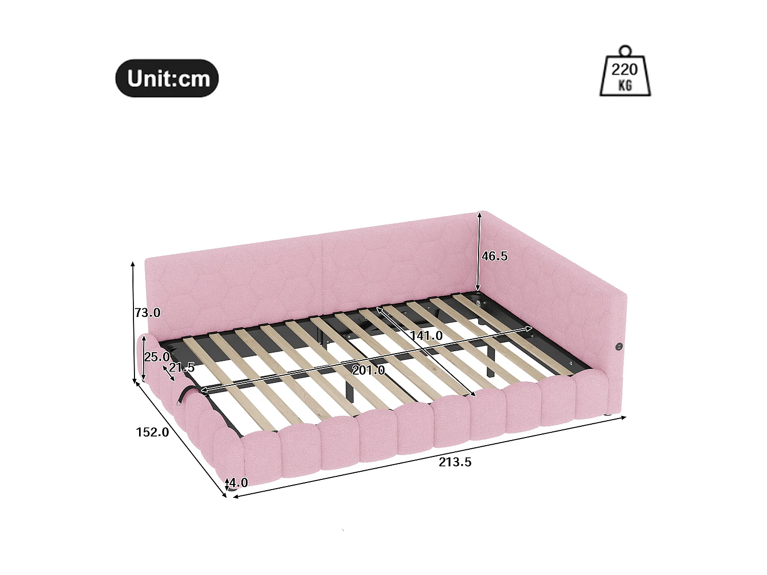 Canapé-lit 140x200 cm avec sommier, bande LED, levage hydraulique, ports USB et Type-C, tissu doux, rose