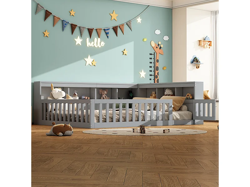 Daybed 140x200 cm, canapé-lit avec rangement latéral, sommier (sans matelas), rambarde, panneau de particules, prise + USB, Gris