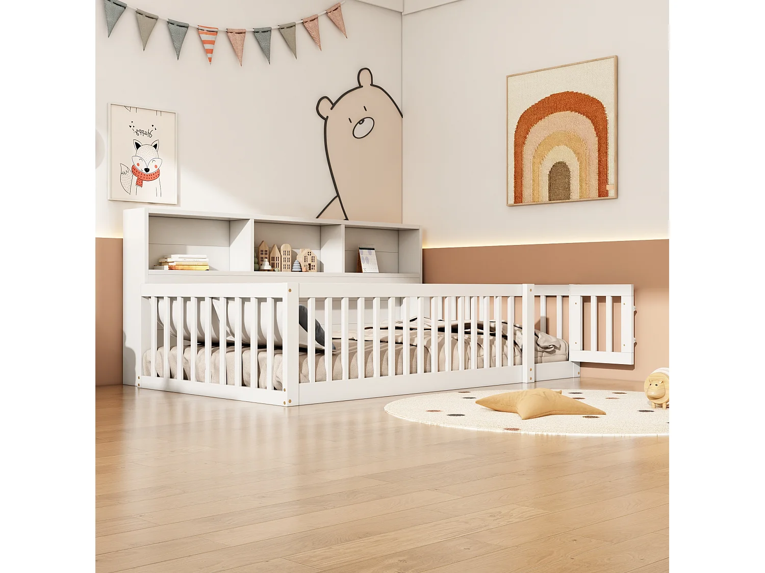 Canapé-lit 90x200 cm en bois de pin, avec espace de rangement latéral, sommier inclus et garde-corps, blanc