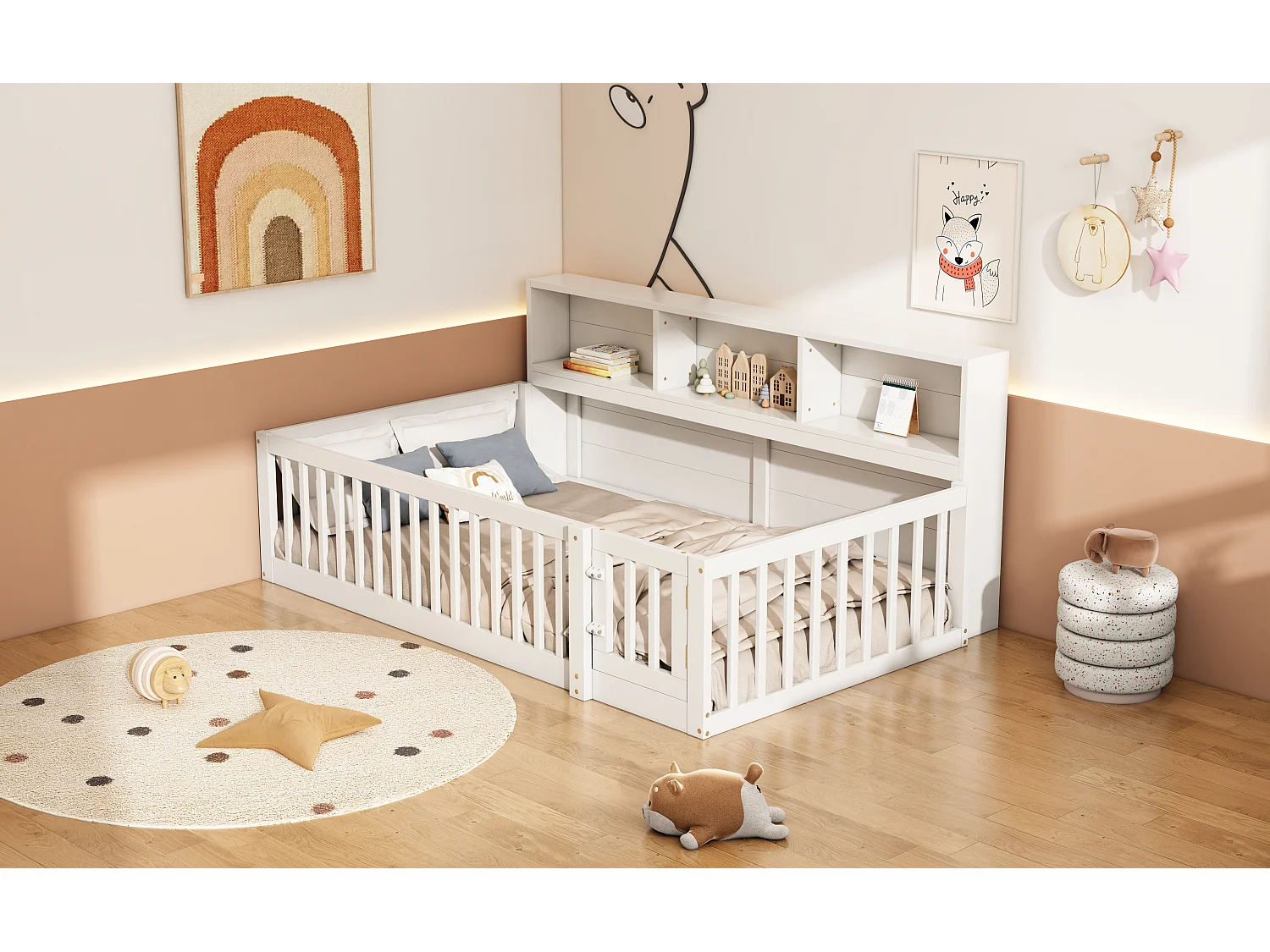 Canapé-lit 90x200 cm en bois de pin, avec espace de rangement latéral, sommier inclus et garde-corps, blanc