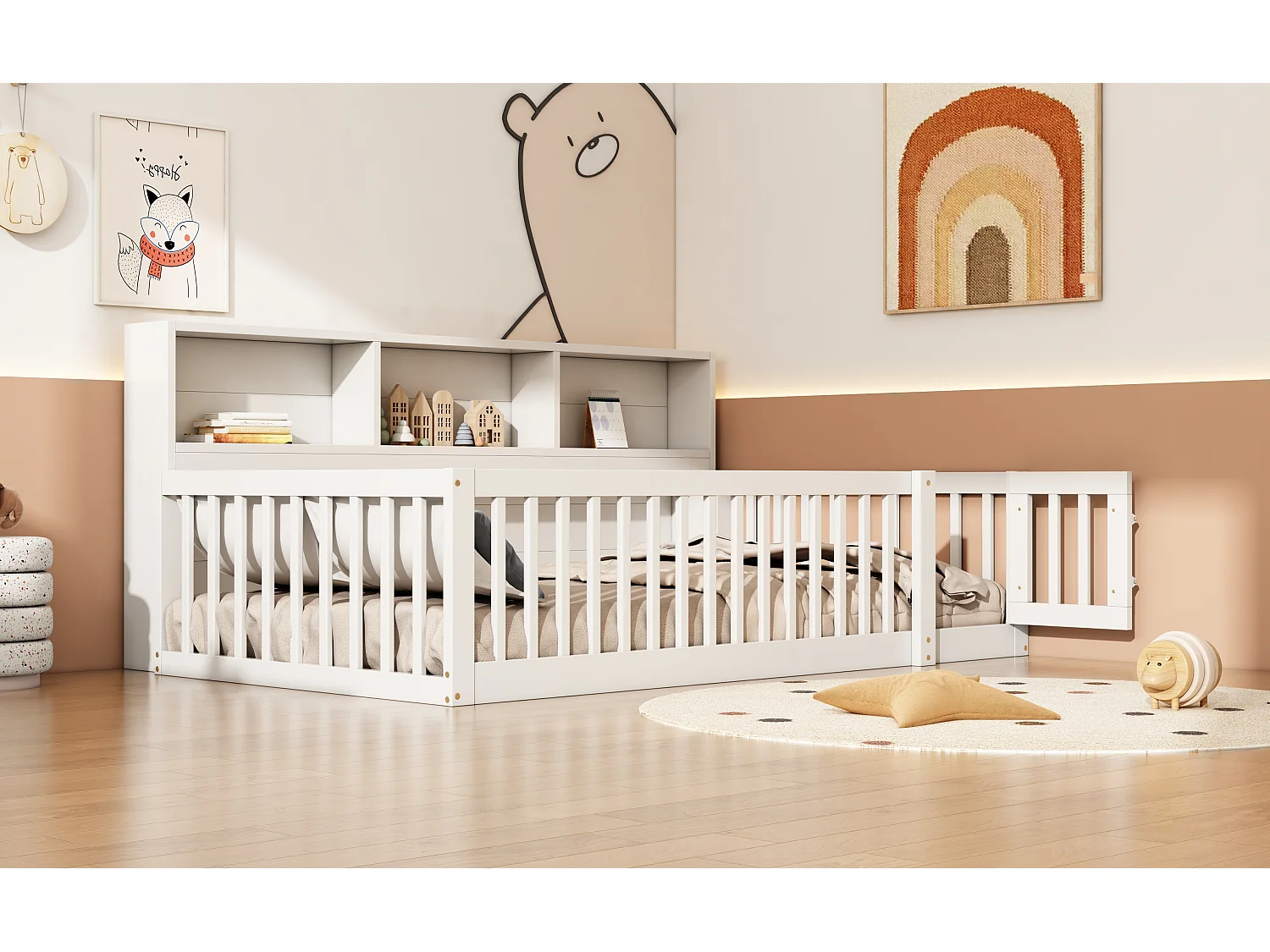 Canapé-lit 90x200 cm en bois de pin, avec espace de rangement latéral, sommier inclus et garde-corps, blanc