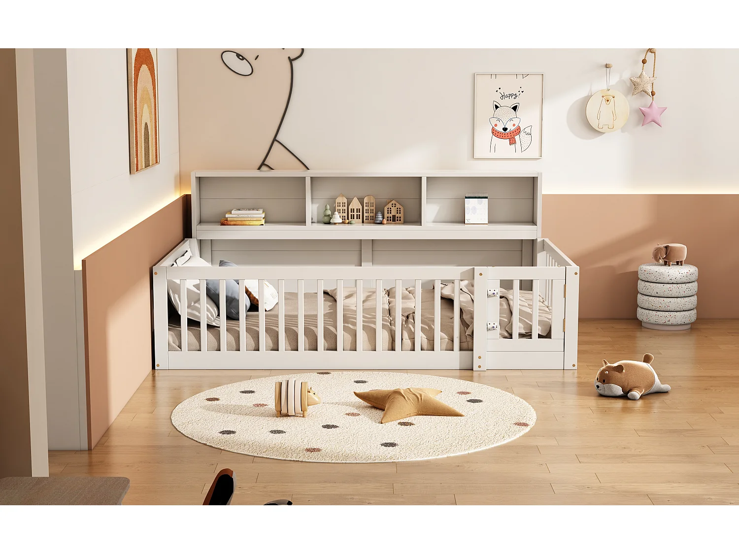 Canapé-lit 90x200 cm en bois de pin, avec espace de rangement latéral, sommier inclus et garde-corps, blanc