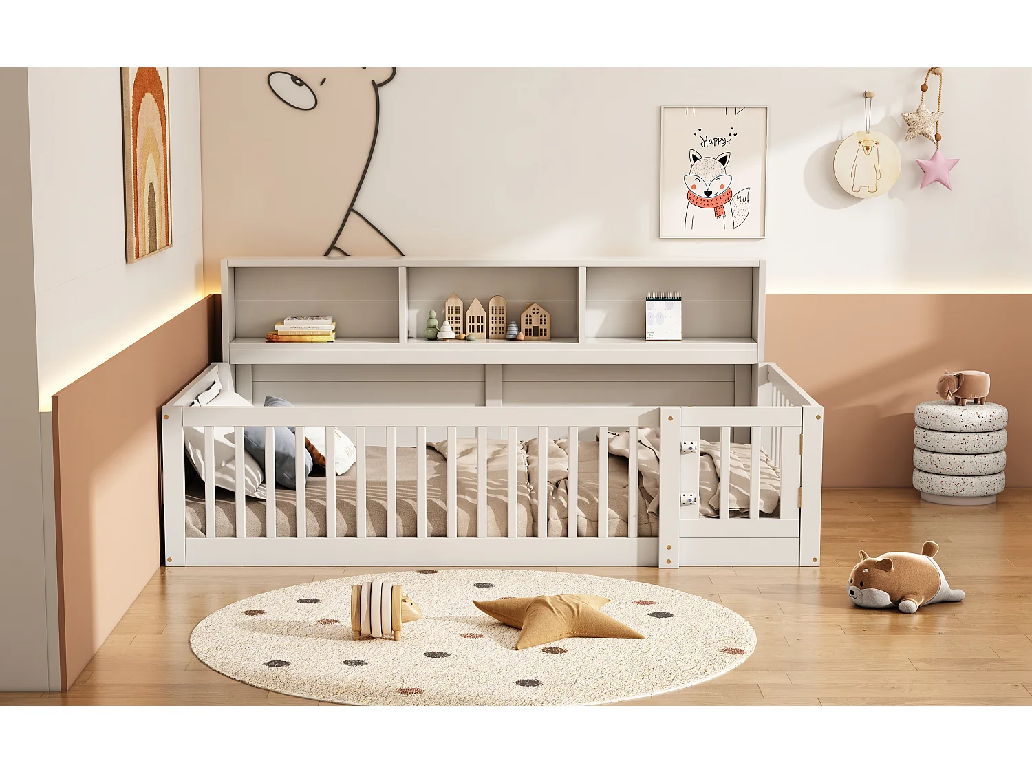 Canapé-lit 90x200 cm en bois de pin, avec espace de rangement latéral, sommier inclus et garde-corps, blanc