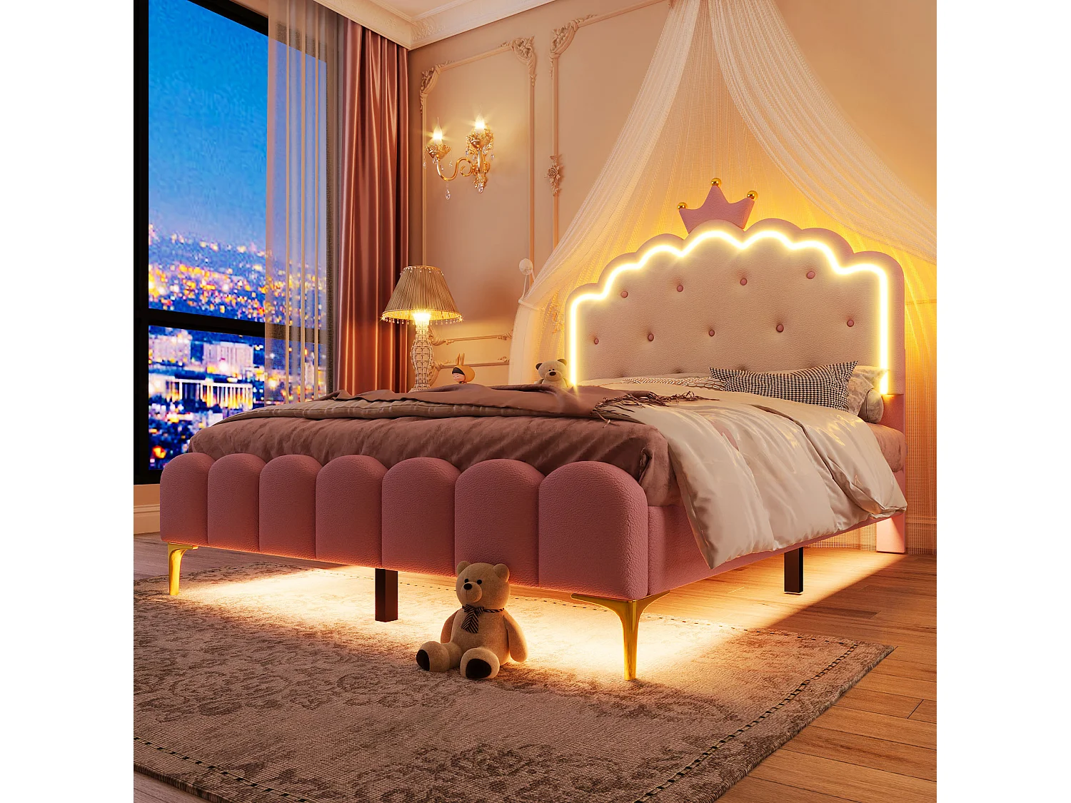 Lit capitonné 140x200 cm rose en PU, avec sommier, lumière d’ambiance télécommandée et tête en forme de couronne