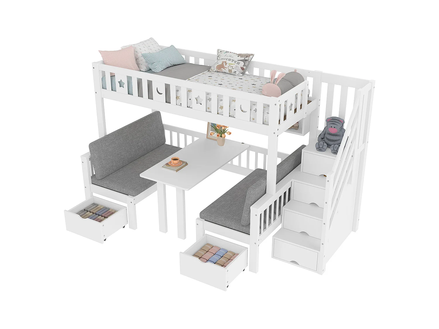 Lit mezzanine multifonction 90x200 cm, lit et bureau 2-en-1, échelle de rangement, clôture décorative avec étoiles et lune, Blanc