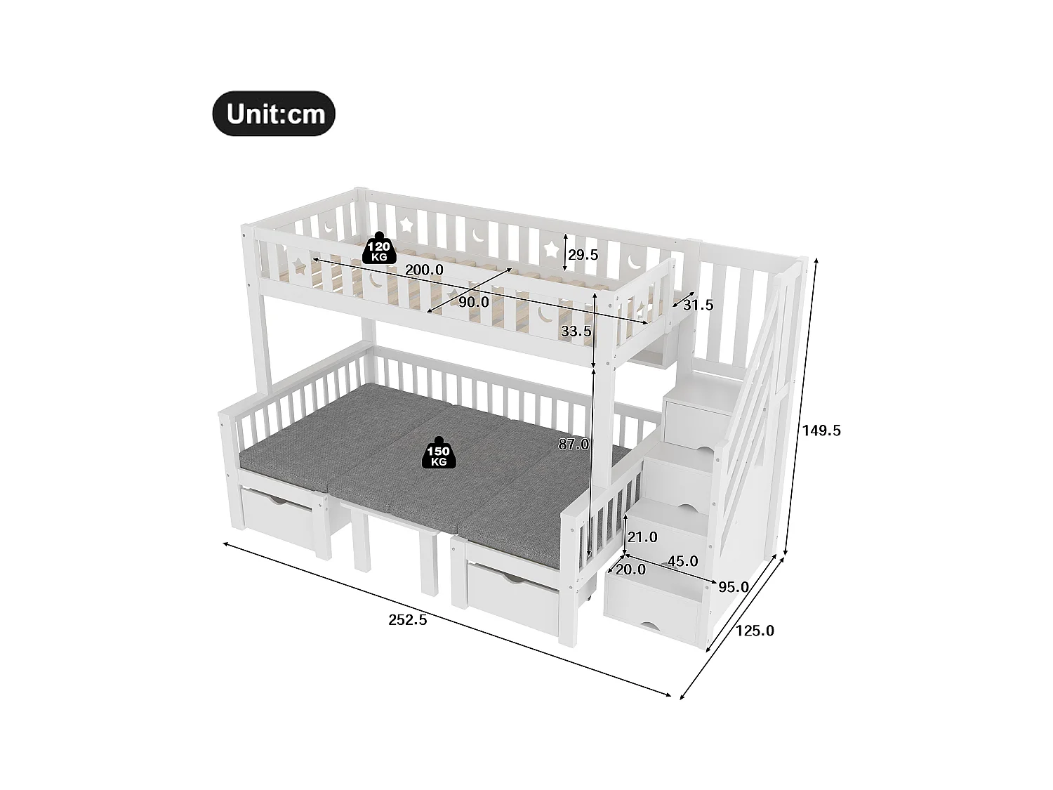 Lit mezzanine multifonction 90x200 cm, lit et bureau 2-en-1, échelle de rangement, clôture décorative avec étoiles et lune, Blanc