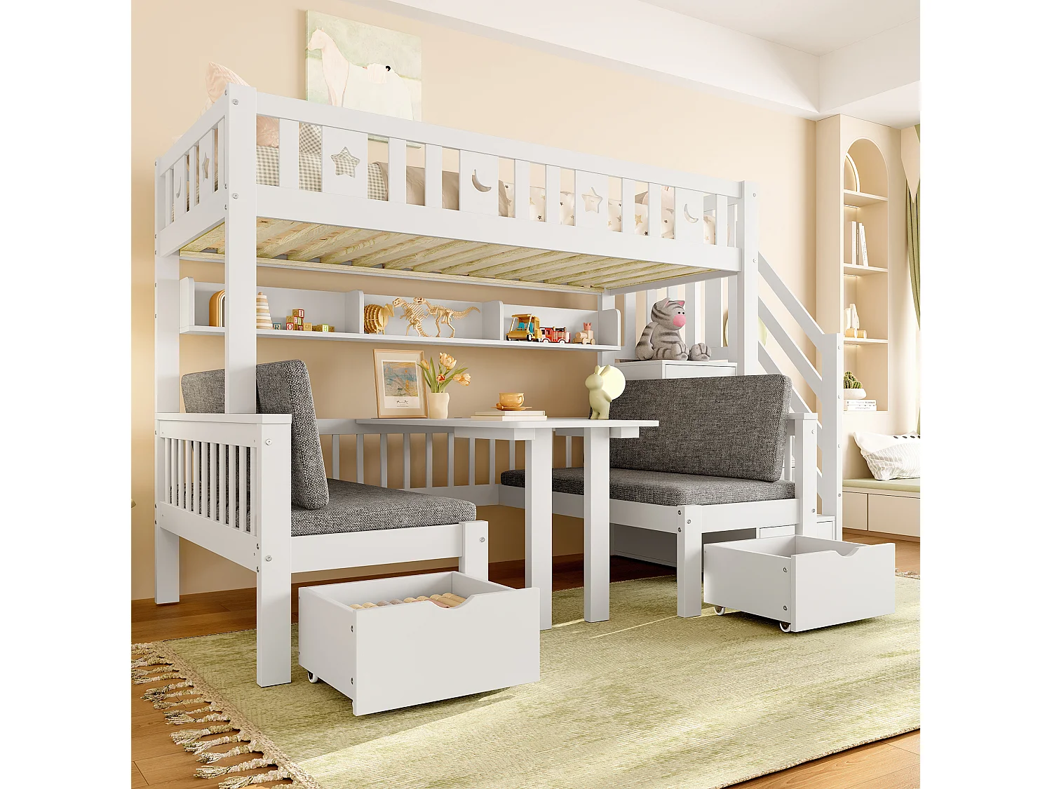 Lit mezzanine multifonction 90x200 cm, lit et bureau 2-en-1, échelle de rangement, clôture décorative avec étoiles et lune, Blanc