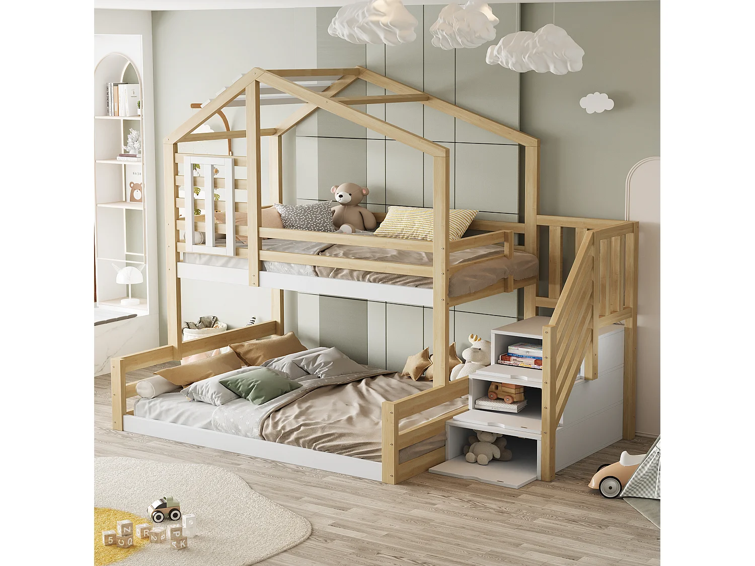 Lit superposé 90x200 cm en pin naturel, avec fenêtre, barrière de sécurité et escaliers de rangement, style maisonnette